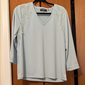 Karl Lagerfeld Pale Blue V-Neck Lace-Shoulder Long Sleeve Top
